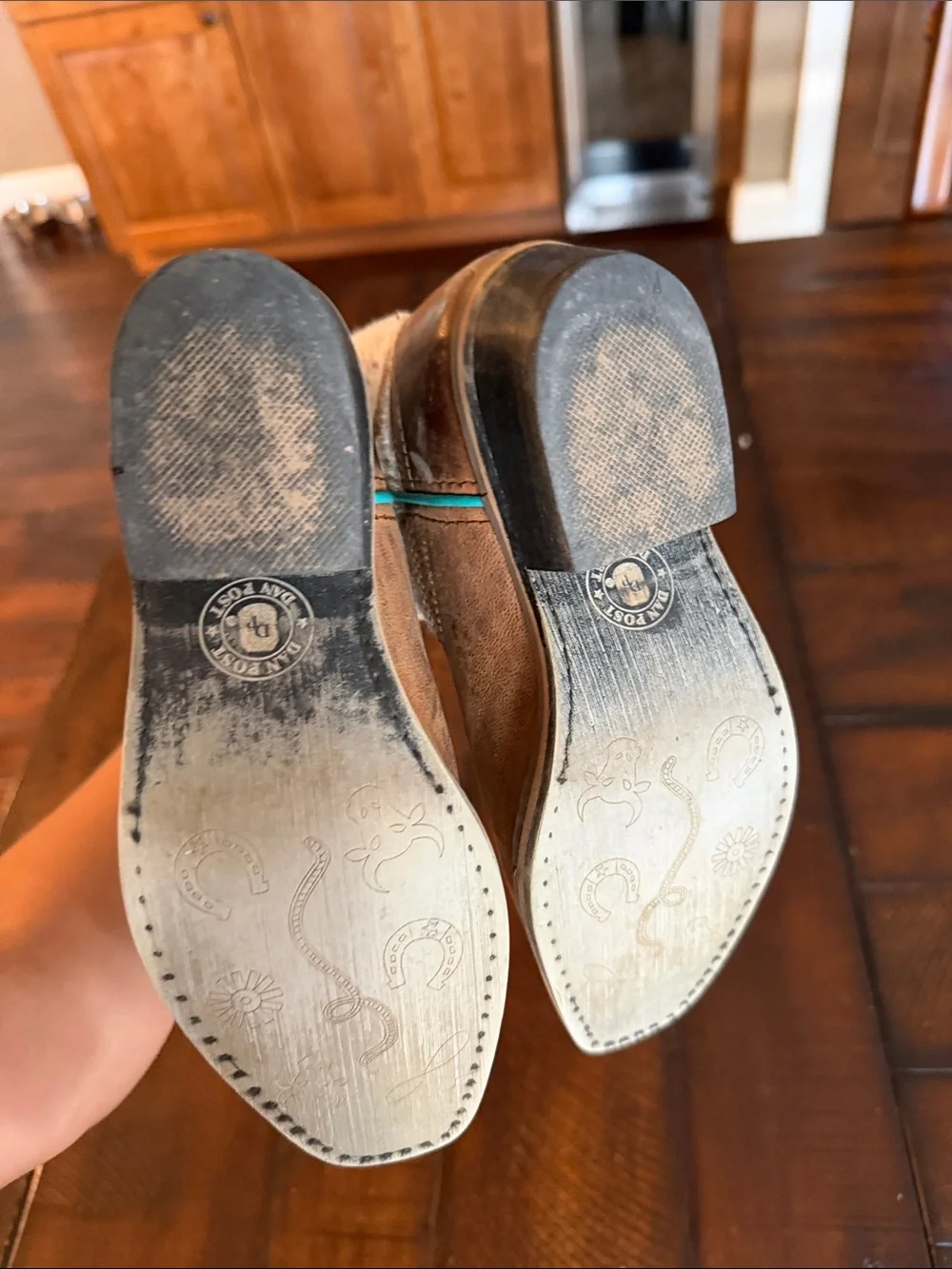 Dan Post Kids Brown Leather & Cream Cowhide Boots with Turquoise Trim